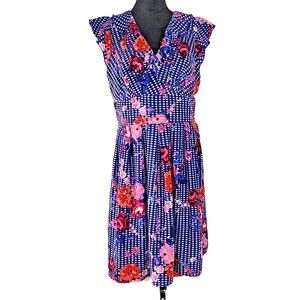 Chris McLaughlin Sz 16 Womans Blue Gingham Floral Plaid Ruffle Pocketed Dress
